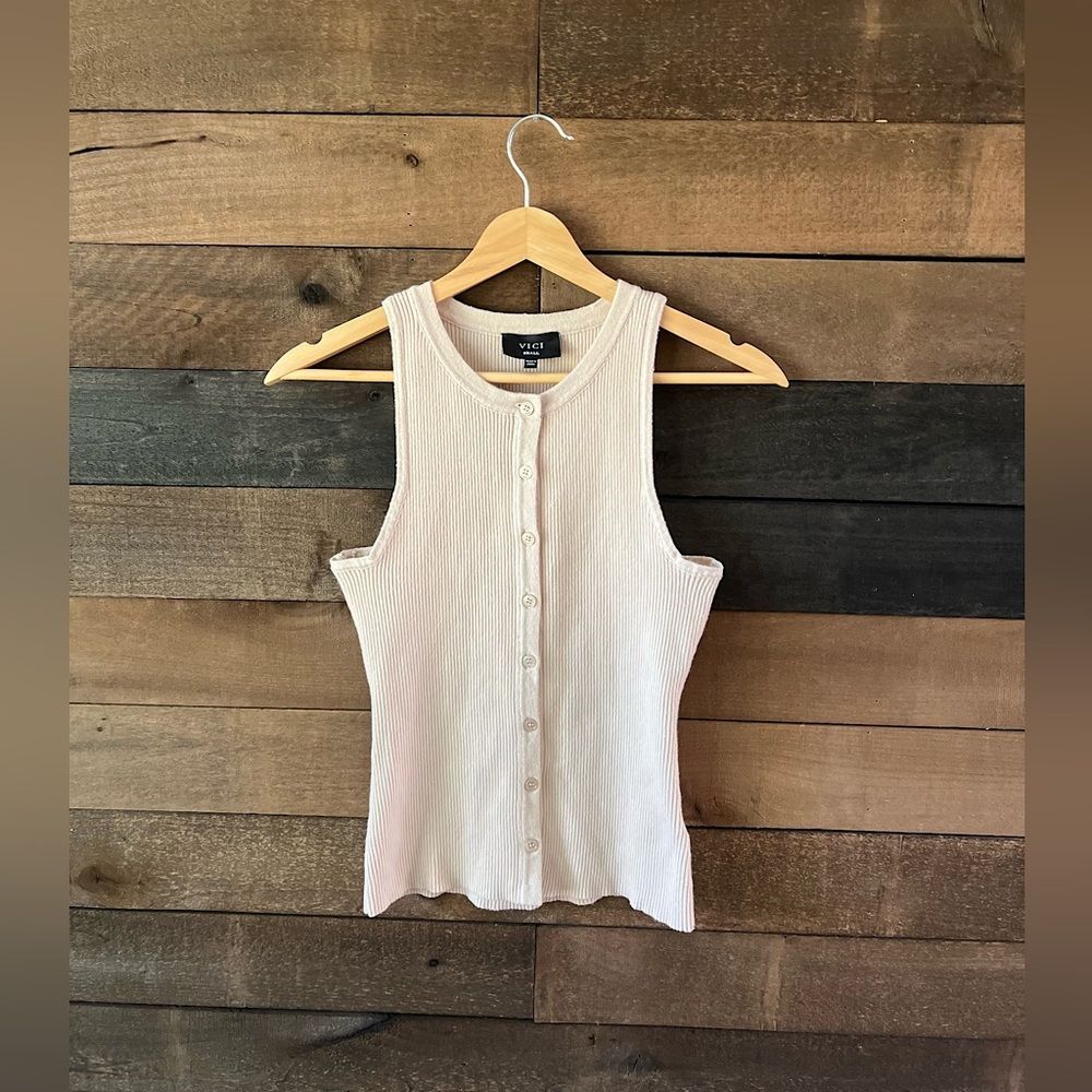 VICI Cream Ribbed Knit Tank Top Button Front Stretchy Neutral Layering Basic S